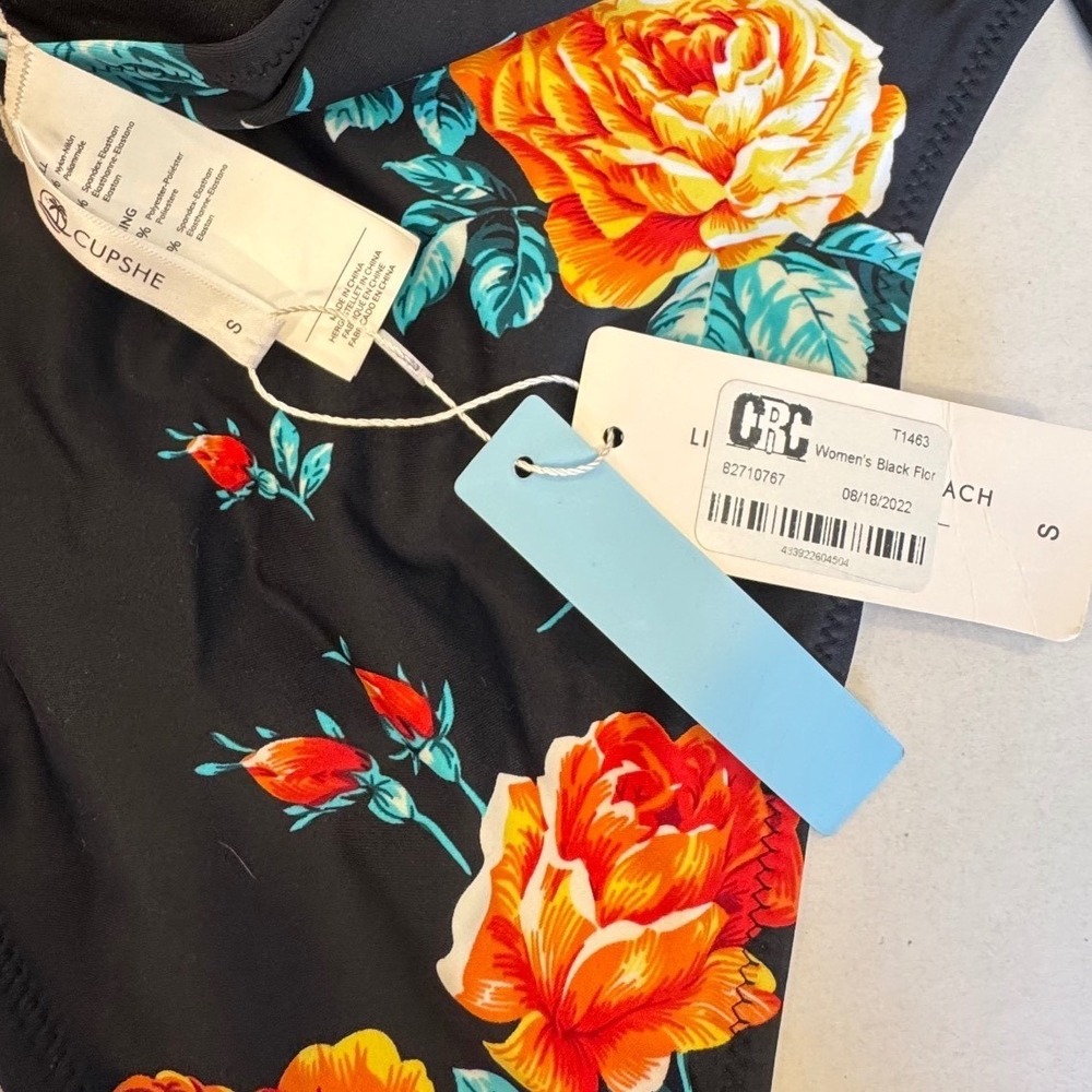 CUPSHE Women Black Floral Print One Piece Swimsuit Halter Cutout Size S - Picture 6 of 8